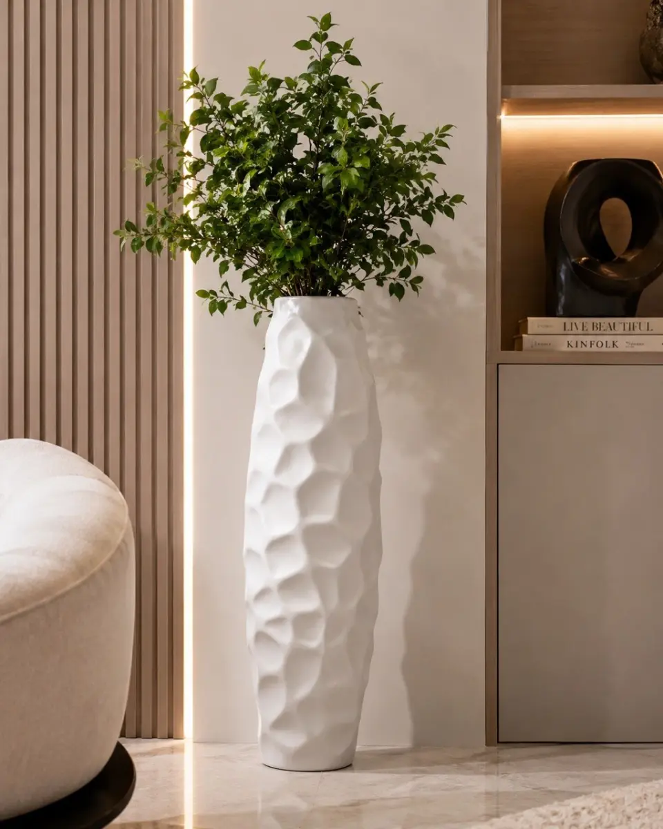 Modern Textured Floor Vase – Geometric White Decorative Vase