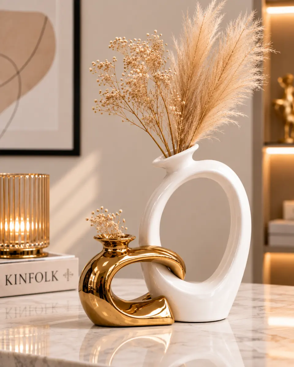 Modern Interlocking Decorative Vase Set with Gold & White Finish